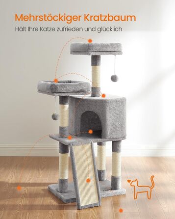 Дерево для котів FEANDREA Kratzbaum, 115 см, сірий, з платформою та когтеточкою, з м'якого плюшу, повністю обмотане сизалем, PCT141W01