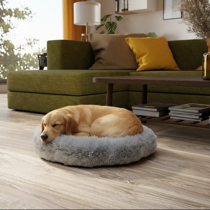 Ляжка для собак Benno® Balu, 70x70x16 см, сіра, кругла, з плюшем, з полипропиленовою начинкою, миється, з неслизьким дном, з іграшкою-кісткою