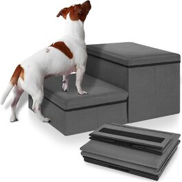 Сходинка для тварин OUUTMEE на 2 сходинки, складана, з місцем для зберігання, сірого кольору. Підходить для собак, котів, літніх тварин. Максимальне навантаження: 30 кг.