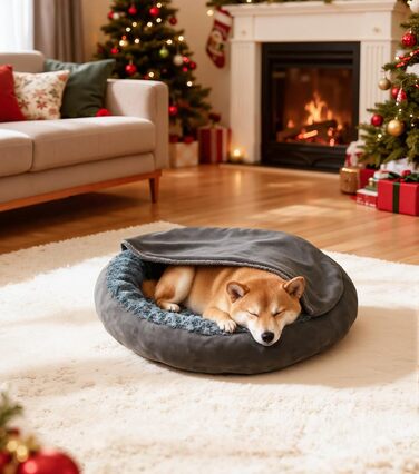 Кругла лежанка для собак та котів з капюшоном, розмір M, сіра, 60 x 60 x 19 см, м'яка, з антиковзною основою, самонагріваюча, для заспокоєння, миється