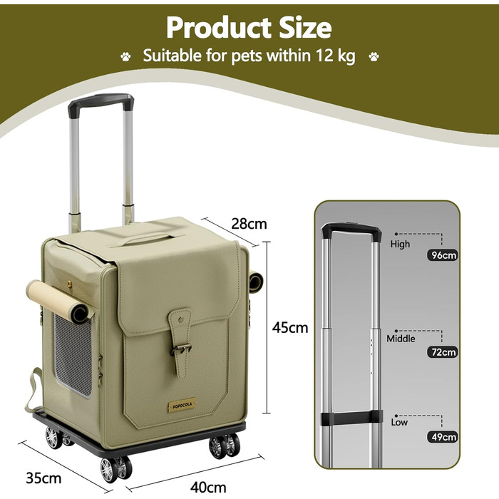 Рюкзак для тварин Galatée з колесами, візок для домашніх тварин, сумка для подорожей з собаками з знімними колесами, рюкзак для собак з сітчастими вентиляційними вікнами (білий) (зелений)