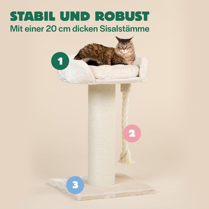 Дерево для великих котів RHRQuality Chartreux, 80 см, із товстим сизалевим стовпом 20 см, люксова лежанка 60 см, кремове