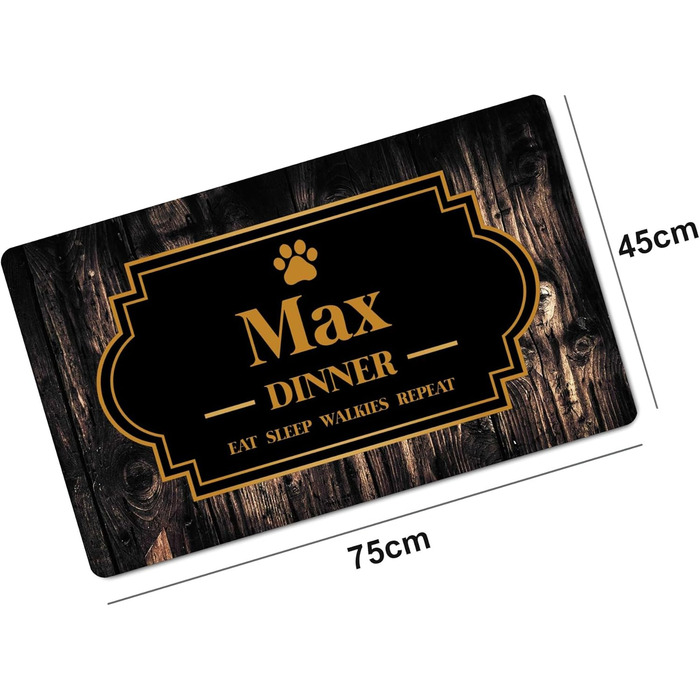 Персоналізований килимок для годівлі з іменем для собак та котів | Килимок для миски з іменем | 45 x 75 см | Гумовий килимок 4 мм | З мотивом домашнього улюбленця | Колір [140] (Дерев'яний фон)