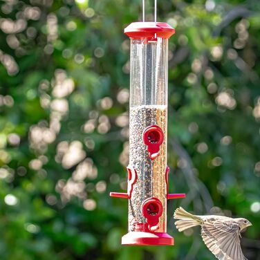 Годівниця для птахів Kingsyard 2 шт. 38 см - з 6 посадковими прутами, годівничка для диких птахів, для насіння, цілорічне годування, для саду/тераси/балкону, зелена (прозора трубка, червона)