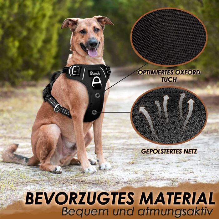 Шлейка для собак великих порід, анти-тяга, з 2 карабінами та зручною ручкою, регульована та світловідбиваюча, з м'якою підкладкою, для щоденних тренувань (Чорний, L)