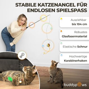 BuddyPaws® Паличка-пір'їна для котів Stabil – Інтерактивна іграшка з 4 пір'ями та котячою м'ятою, висувна 42-104 см, гнучка, з запасним шнуром, аксесуари для котів