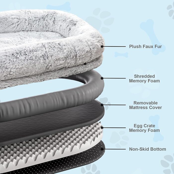 Ортопедичне ліжко для собак XL, 200x112x32 см, сірого кольору. Зручне ліжко для собак та домашніх тварин з великим штучним хутром, знімний та пральний чохол.
