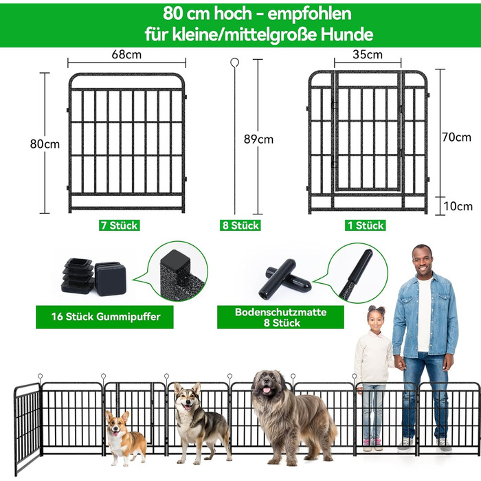 Кіягро вольєр для цуценят 544см, 8-секційний розкладний вольєр для тварин з дверима, вольєр для собак, котів, кроликів, для саду, збірка без інструментів, 80см у висоту