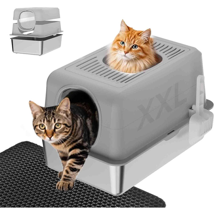 Лотку для котів з нержавіючої сталі з кришкою, великий, для великих котів, з совоком та килимком сірого кольору