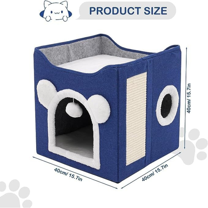 Кіт-будинок складний великий для котів та маленьких собак з когтеточкою та пухнастою кулькою, блакитний