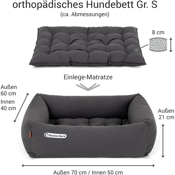 Ортопедичне ліжко для собак Doctor Bark - миється до 95°C, гігієнічне, без запаху, з м'якою підстилкою, для маленьких собак (S - 70x60 см, сірий)