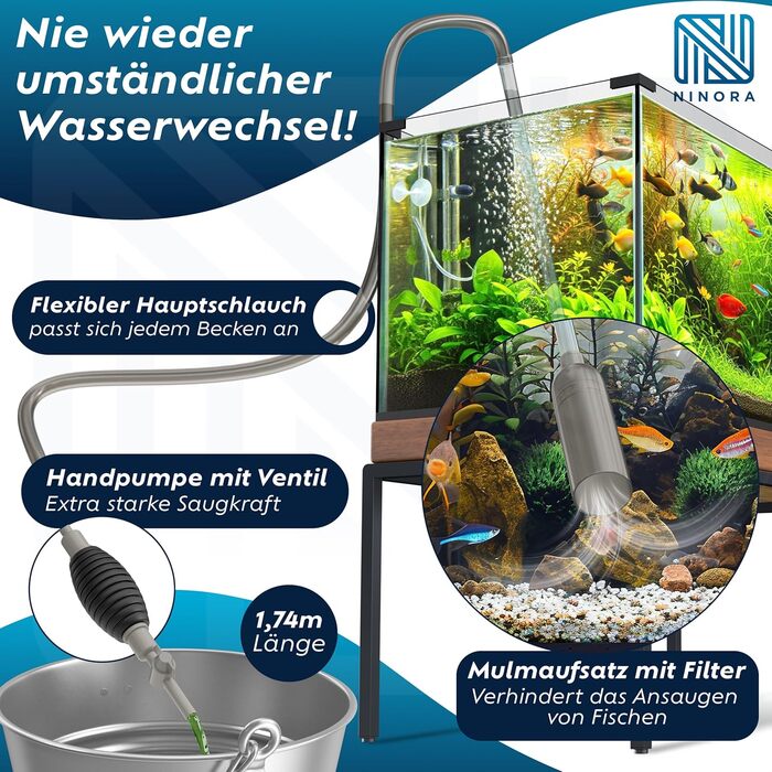 Нінора® Мульмсмукач для акваріума – очищувач ґрунту, заміна води з насосом та шланговим клапаном | Безпечний для риб, без хімії | Для малих та великих акваріумів | Аксесуари для акваріума з електронною книгою