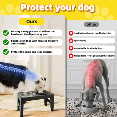 Підвищена годівниця для собак, регульована висота, великі породи - 2 x миска з нержавіючої сталі (1200 мл) + 1 x повільна годівниця (800 мл) - стійка станція для годування середніх/великих собак, чорний/сірий колір