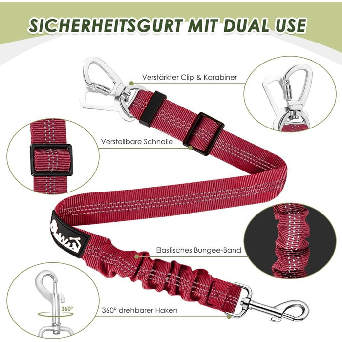 Ремінь безпеки для собак SlowTon, 2 шт. - автолеєрка, регульована, еластична, з буферним ефектом, міцний нейлон, світловідбиваючий, для домашніх тварин