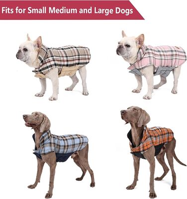 Зимовий одяг для собак, водонепроникна тепла куртка для малих, середніх та великих собак, для активного відпочинку на вулиці з отвором для повідка, двостороння куртка в клітинку, бежевого кольору, розмір L