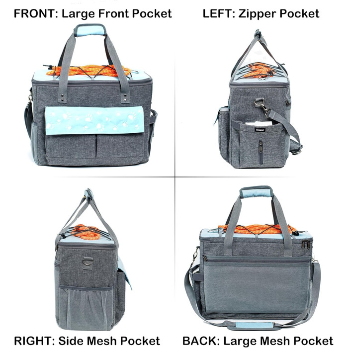 CLAWIST Сумка для собак, переноска для подорожей, XL, сіра/блакитна. З контейнерами для корму та складеними мисками