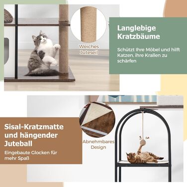 Дерев'яний кігтеточки COSTWAY з будиночком для котів, 118 см, з лежаком та іграшкою, металевий каркас, 4 рівні, вінтажний дизайн (білий)