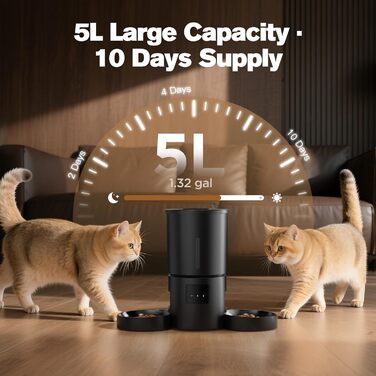 Автоматичний годівниця для котів AONBOY з двома мисками та Wi-Fi: 5L, таймер, для сухого корму, чорна