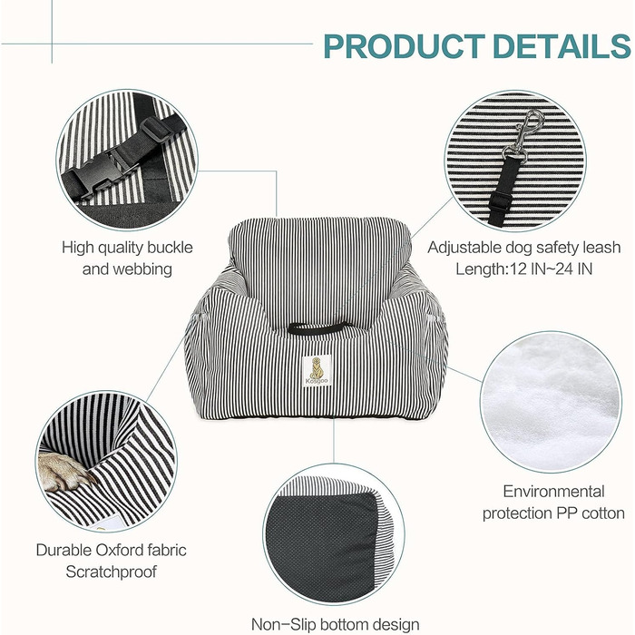 Автокрісло для собак маленьких порід, знімний та миючий чохол, підвищення для цуценят з кишенями для зберігання та страхувальним ремінцем, неслизьке дно, для авто та дому, чорний