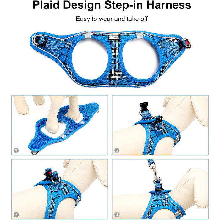 Нашийник для собак маленьких порід з повідком, анти-тягнучий, світловідбиваючий, дихаючий, нагрудник для цуценят (S, обхват грудей: 29-33см) (Синій в клітинку, XL (обхват грудей: 46-53см, вага: 8-10.5кг))
