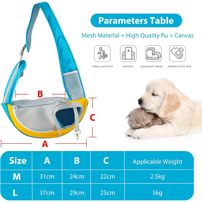 PETCUTE Сумка-переноска для собак, блакитна. Зручна переноска для цуценят та малих собак, з регульованою ручкою та безпечною шлейкою. Має дихаючу сітку та передню кишеню. Ідеально для прогулянок на свіжому повітрі.