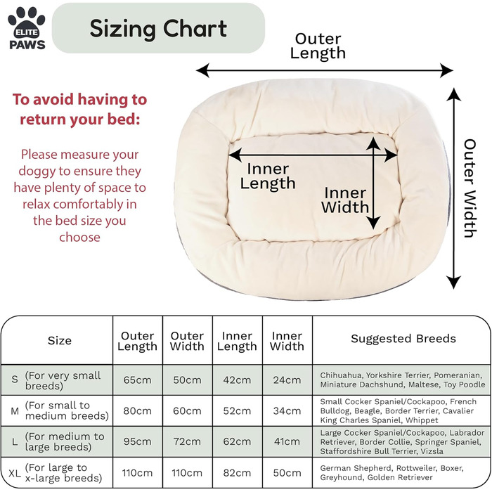 Ліжко для собак Elite Paws UK: ортопедичне, з двошаровим шаром піни та плюшевою подушкою, підтримка голови, шиї та суглобів, знімний чохол з флісу кремово-сірого кольору