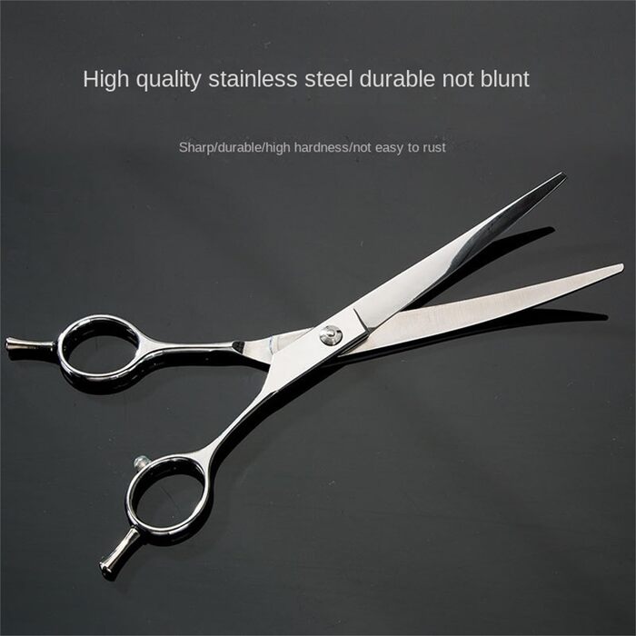 Набір професійних ножиць для собак, 4 в 1: ножиці для фінальної обробки, прямі ножиці, вигнуті ножиці, гребінець. Виготовлено з нержавіючої сталі. Підходить для собак, котів та інших домашніх тварин.