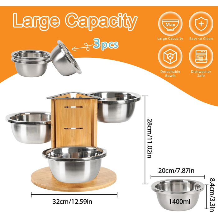 Підвищений годівниця для великих собак, регульована висота, 3 миски з нержавіючої сталі 1400 мл, годівниця-станція на 3 сторони, підставка для собак з дерева та срібла