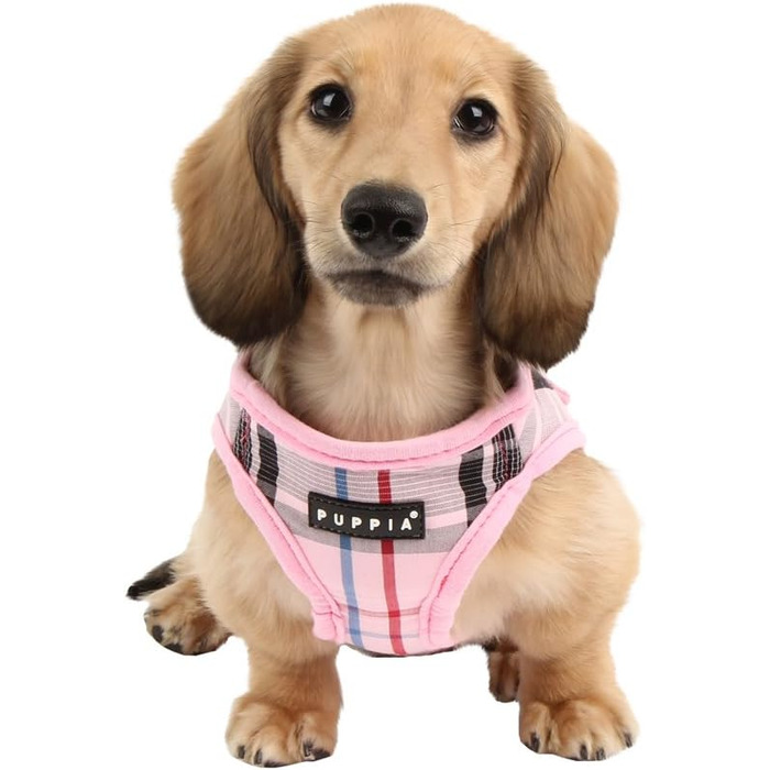 Шлея для собак Puppia Junior, м'яка рожева жилетка, антизаплутуюча, для малих порід та цуценят, розмір M, клітинка