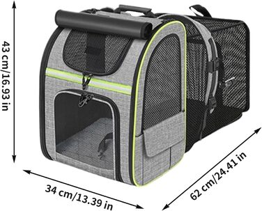 Рюкзак для котів | Переноска для собак, рюкзак для домашніх тварин, розширюваний, дихаючий, складаний, для подорожей, піших прогулянок, транспортування, сірий з зеленими вставками