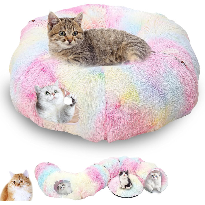 Туннель для котів, великий, з місцем для сну та лежаком, 2 входи, котяча печера, підвісні кульки, тунель для кота, кольоровий