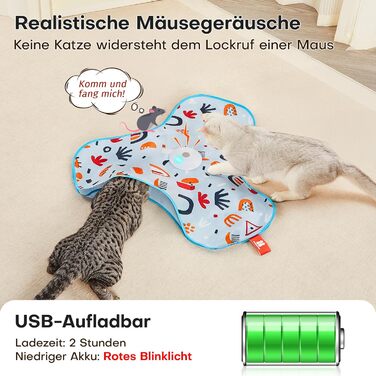 Інтерактивна іграшка для котів Potaroma з автоматичною подачею пір'я - перезаряджувана, з датчиком дотику та звуком миші, ідеальна для активних котів, з квітковим покриттям