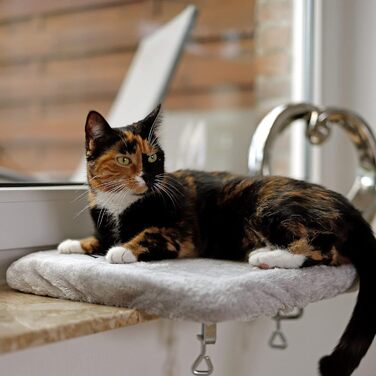 Кішка ліжко для вікна Lionto, м'яке, плюшеве, 35x50 см, без свердління, знімний чохол, до 15 кг, сірий (з нанесенням імені)