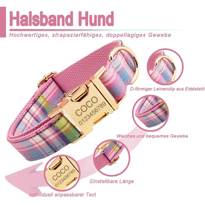 Персоналізоване собаче ошийник з металевою застібкою, з іменем та номером телефону. Регульовані розміри для великих та середніх собак (Collar 05)