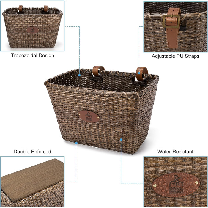 KONG MING CAR Кошик на велосипед – Ретро дизайн, міцний кошик на кермо з дерев'яною підкладкою та шкіряними ручками, ідеальний як передній кошик для велосипеда (Темно-коричневий)