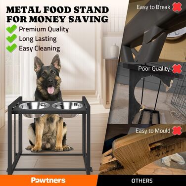 Підвищені годівниці для собак великих порід – металеві годівниці з 3 регульованими рівнями висоти, стійкий підставник для великих та екстра-великих собак (Об'єм: 5 чашок*2), чорний – без килимка