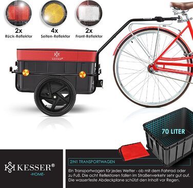 Причіп для велосипеда KESSER®: вантажний, ручний, 70 літрів, для 2 ящиків пива, 26-28 дюймів (червоний)