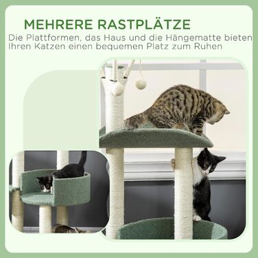 Дерев'яний будиночок для котів PawHut 123H - когтеточка, ліжко, іграшки, сизаль, плюш, кремово-білий+зелений