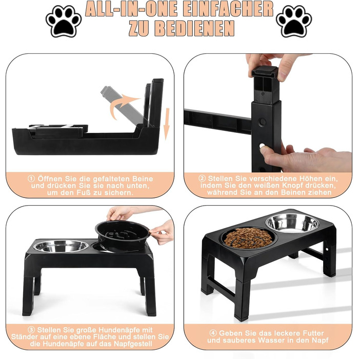 Підвищена годівниця для собак з регулюванням висоти, 4 положення, 2 миски з нержавіючої сталі та 1 миска для повільного годування, станція для годування собак великих, середніх та маленьких порід