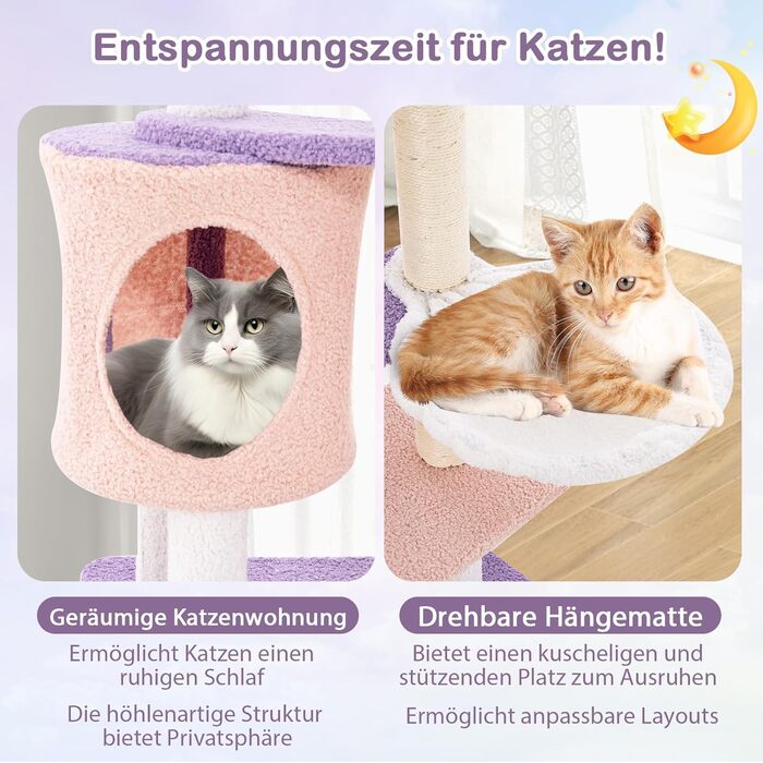 Кігтеточка для котів COSTWAY з будиночком, гамаком та іграшками, фіолетово-рожева (59x49x140 см)