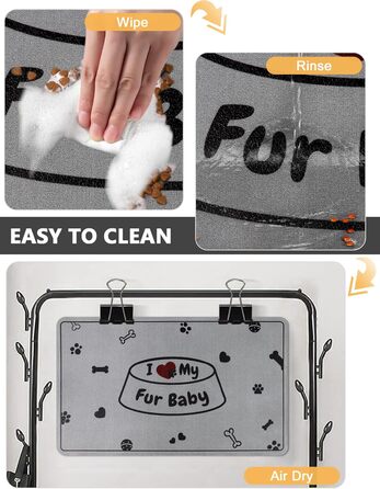 Килимок під миску для собак та котів, сірий, 30x50 см, з принтом 'I love my fur Baby'