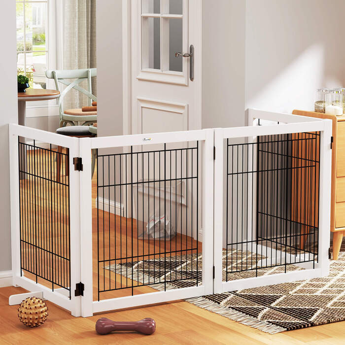 PawHut Door Guard Дерево, Бар'єр для собак, Охорона, Ворота для собак, Захисні двері, Сталь, Білий, 305 x 35.5 x 82 см | Аосом