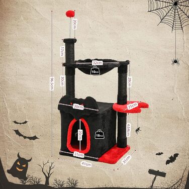 BYBYME Готичний кігтеточка для Хелловіну, 84.5 см, стійкий комплекс для котів з ліжком, будиночком, гамаком, кігтеточками з сизалю, багатофункціональна котяча іграшка (Чорний/Червоний), підлоговий, 96.5 см