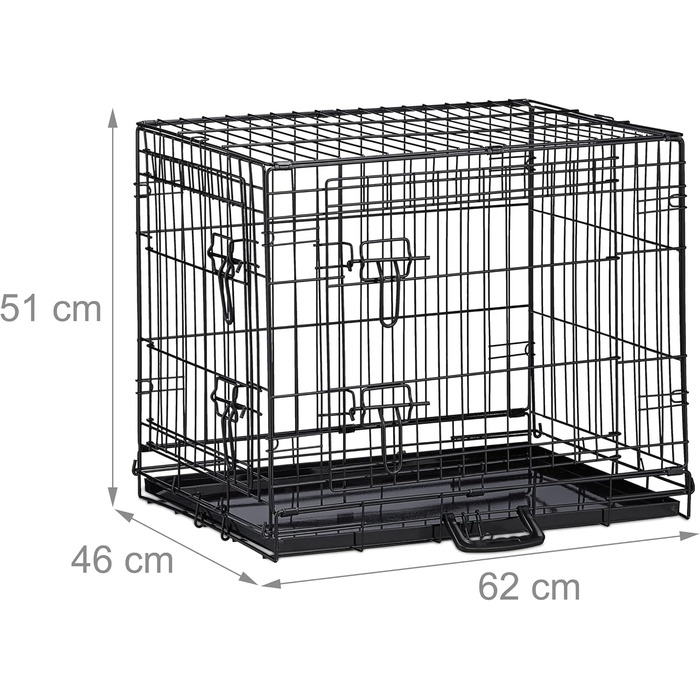 Клітка для собак Relaxdays, для дому та авто, HBT: 87 x 122 x 80 см, складана, з піддоном, 2 двері, ручка, сталь, чорна (розміри внутрішні: 46 x 62 x 51 см)