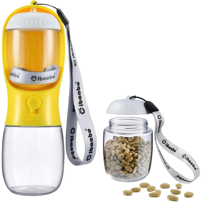Водяна пляшка для собак Cibaabo з контейнером для корму, дорожній напійник для цуценят, портативний диспенсер для тварин, аксесуари для собак, необхідні речі для цуценят, Йоркширських тер'єрів, Чихуахуа, котів, 300 мл, жовтий