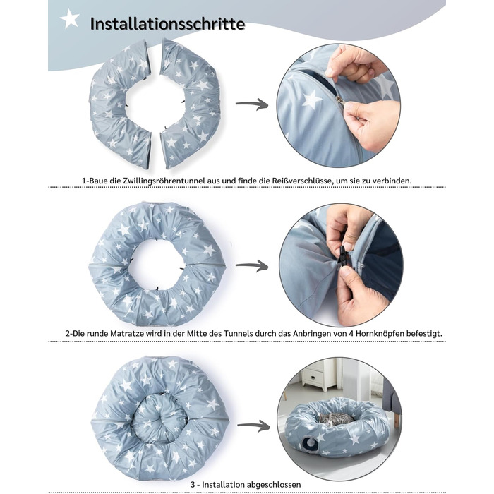 Туннель для котів JanYoo з м'яким ліжком, круглий тунель з двома входами, котяча печера, іграшка для котів, великий знімний тунель для гри в приміщенні