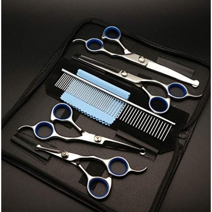 Набір професійних ножиць для грумінгу тварин CLQ (5 шт.) з нержавіючої сталі 4CR, безпечні ножиці з титановим круглим наконечником, високопродуктивний набір, синій