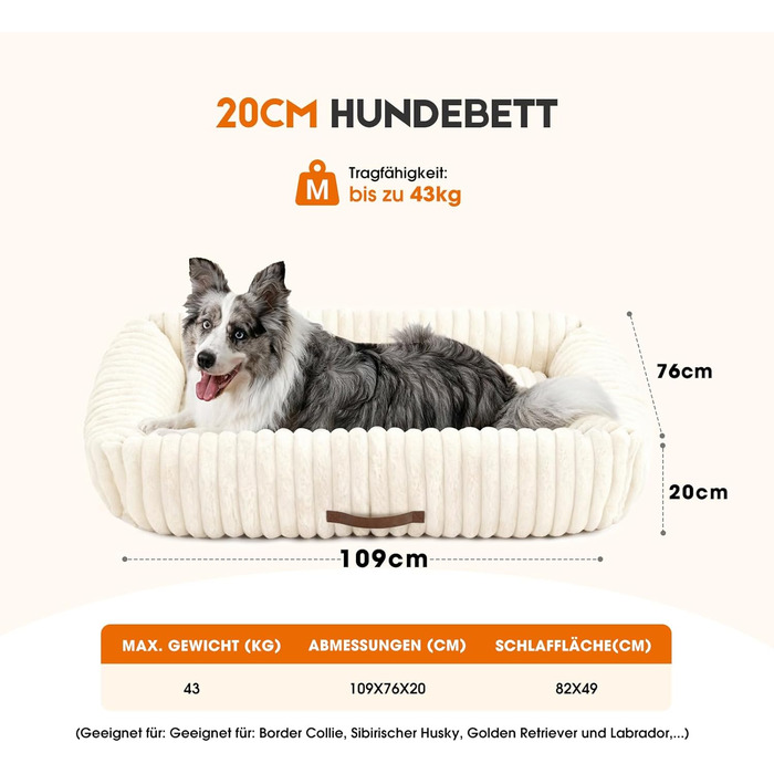 Ортопедичний лежак для собак великих порід, лежанка для собак XL, з м'якою подушкою для шиї, знімний та пральний килимок, з ручками (Бежевий, 109 * 76 * 20 см)