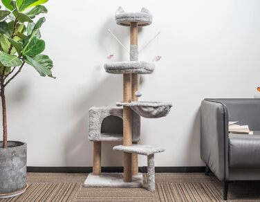 Котячий комплекс HOMIDEC 145 см, дряпка та ігровий будиночок, світло-сірий, із сизалевими стовпами, платформами, лежаком і іграшками