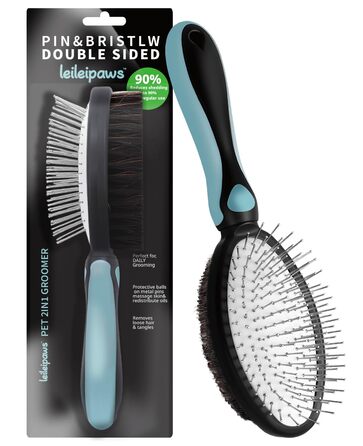 Двостороння щітка для собак та котів – вичісувальний гребінь для довгої та короткої шерсті, металеві щетинки та натуральна щетина, ергономічна ручка TPR, м'який та ефективний догляд за шерстю (Синьо-Чорний)